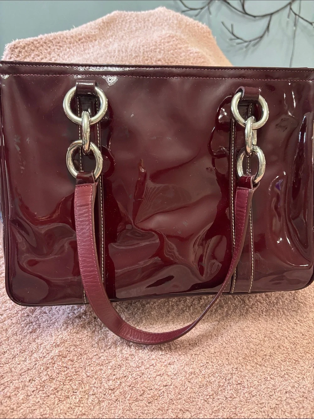 Coach Glossy Patent Leather Tote in Burgundy